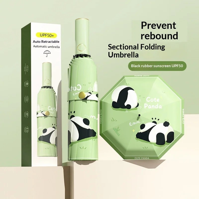 Children's School Umbrella for Primary Students Fully Automatic Opening Safe Folding Sunscreen UPF50+ Cute Panda Design