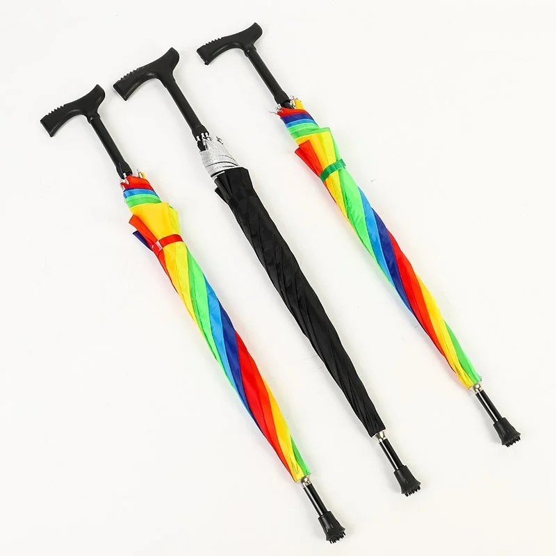 Factory Direct Sales Promotional Gift Walking Stick Handle Umbrella Advertising Cane Black Silver Rubber Rainbow Color Umbrella