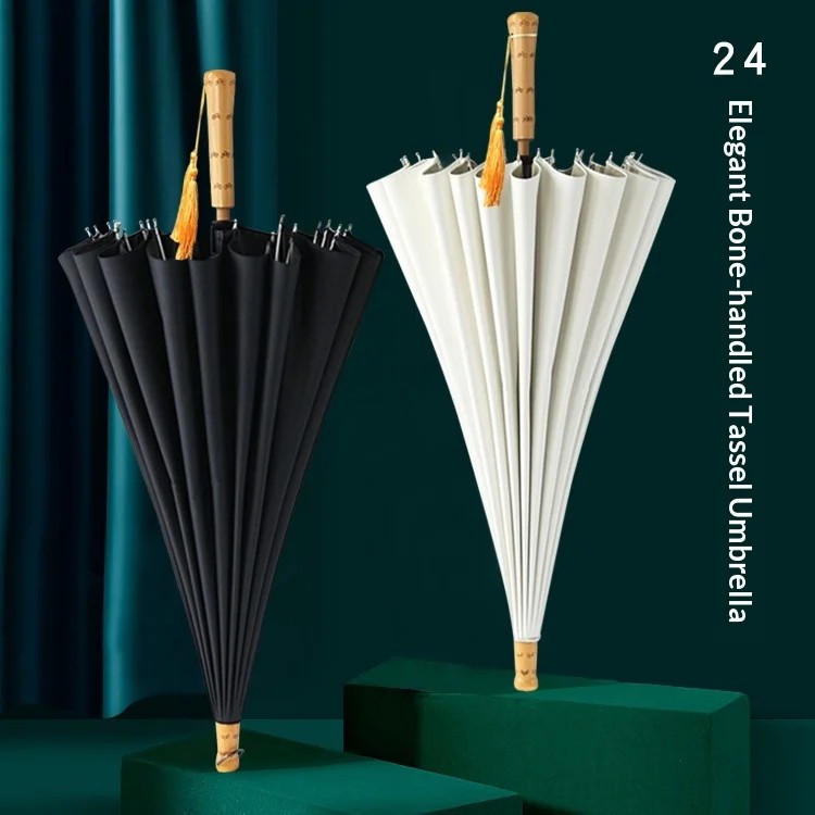Retro Tassel Wooden Handle 24-rib Long-handled Double Anti-wind UV Protection Large Manual Solid Color Women's Forest Umbrella