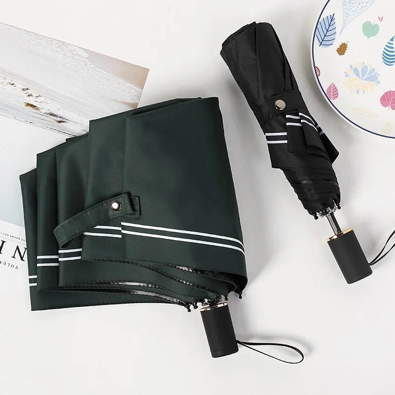 Advertising Manual Umbrella 3 Fold Black  Coated UV Protection Striped Dual Use Rain and  Sun Fresh Design