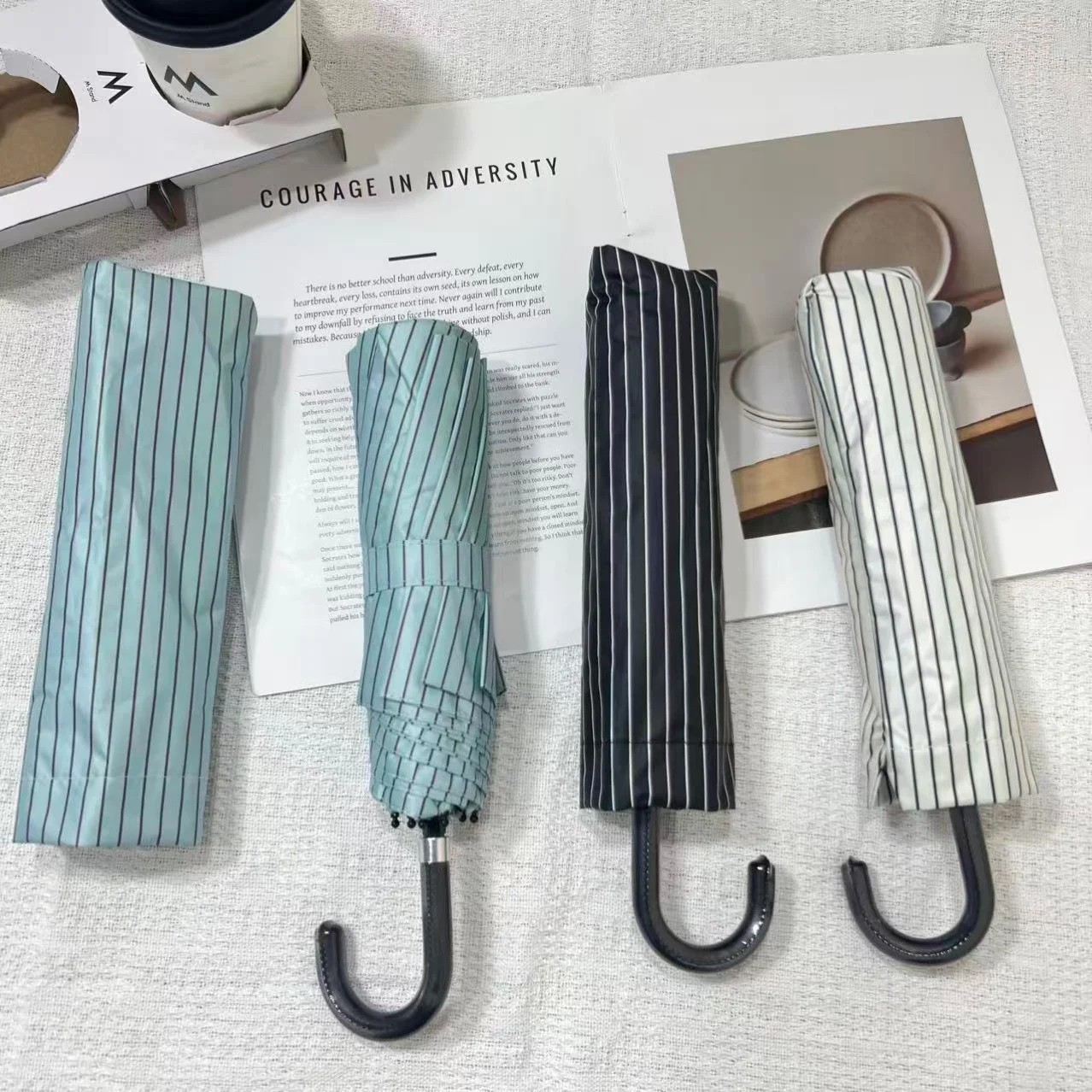 Simple Striped Collision Cloth Small Curved Handle Portable 8 Bone Rainproof Sun-proof UV protection Foldable Manual Umbrella