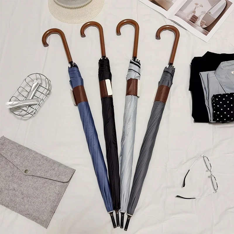 Vintage Wooden Automatic Opening Coffee Long Handle Sunscreen Anti UV Hook Dual Use Umbrella Solid Color Umbrella