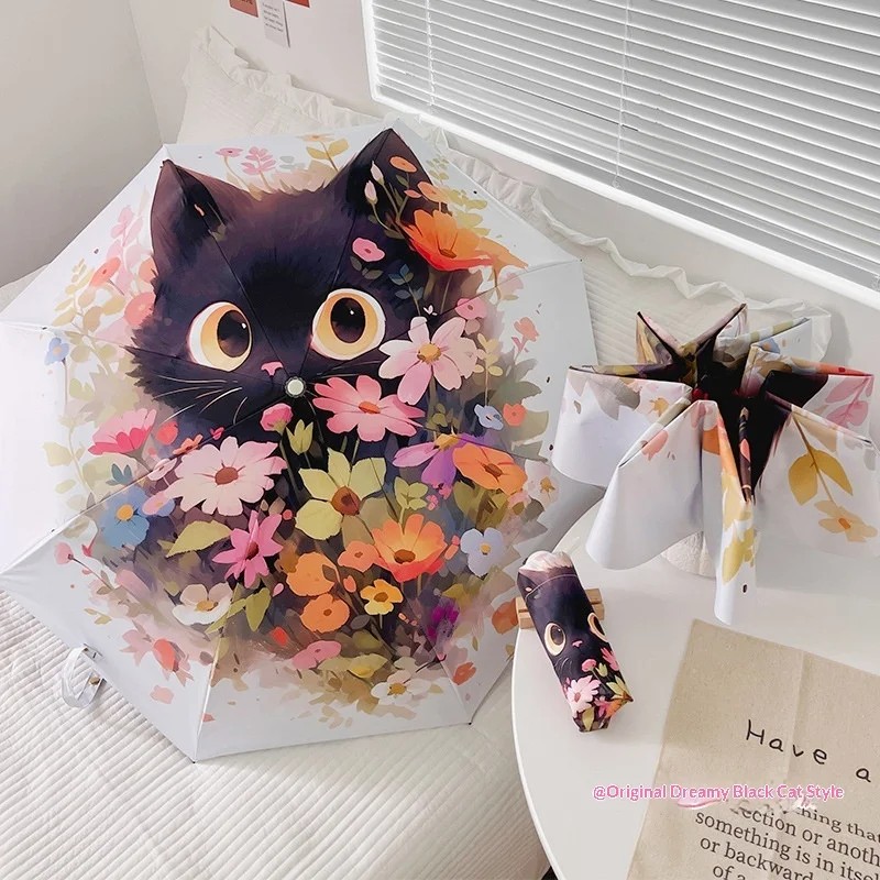 Bouquet Cat Cartoon 8 Ribs Folding Umbrella Sun Protection UV Protection Women's Dual Use Sun Rain Automatic Portable