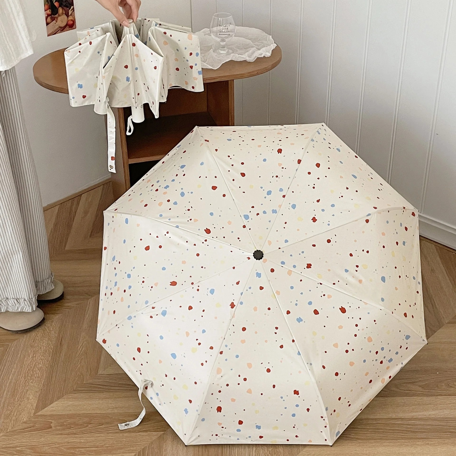 Cream Colored Casual 8 Rib Automatic Umbrella for Both Rain and Sun UV protection Black Coated Folding Sunshade