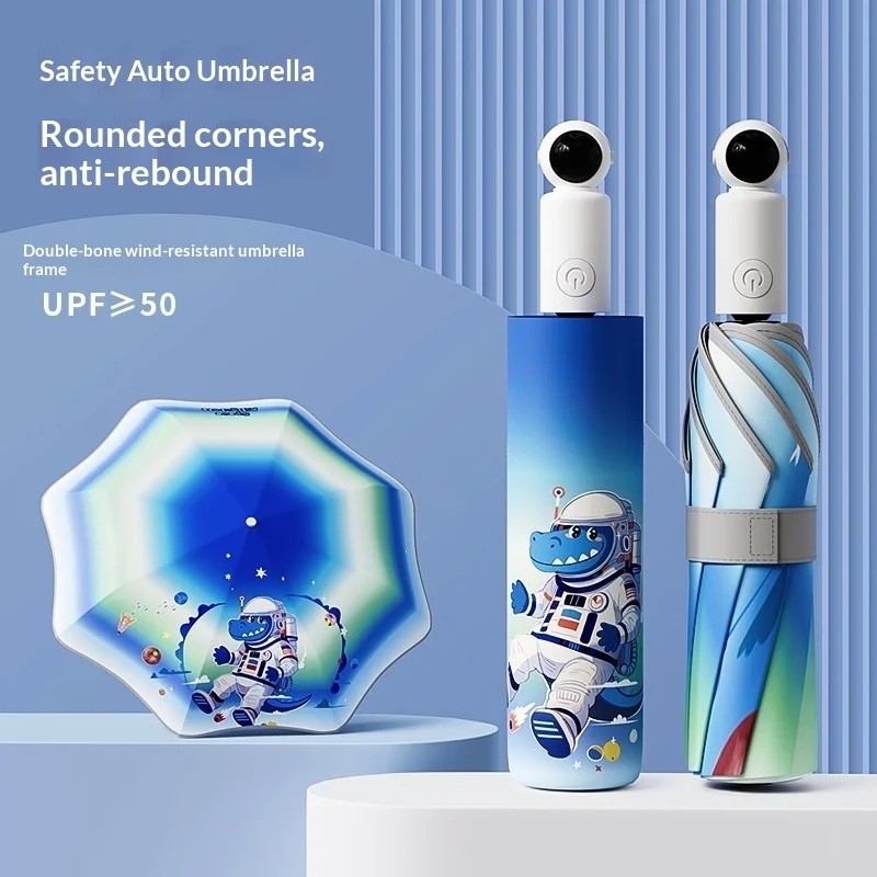 Cartoon Children's Safety Step Umbrella Reflective Strips Rounded Corners UV Protection Windproof for School Kindergarten Use