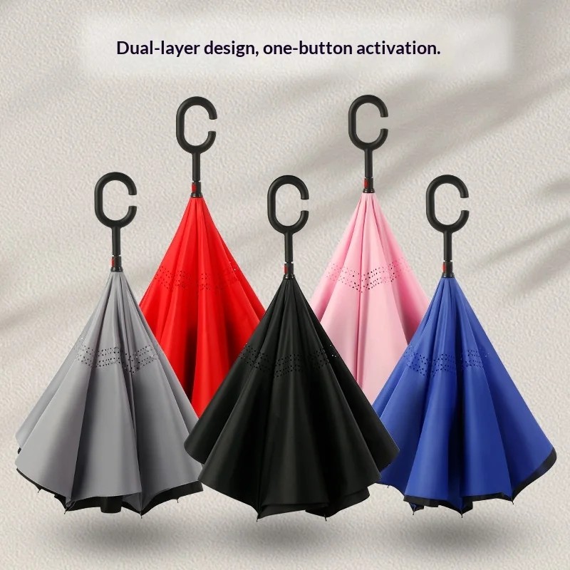Manual Long Handled Double Layer Advertising Umbrella with Printing Logo Reverse Straight Rod Sun Protection Gift Umbrella Stock
