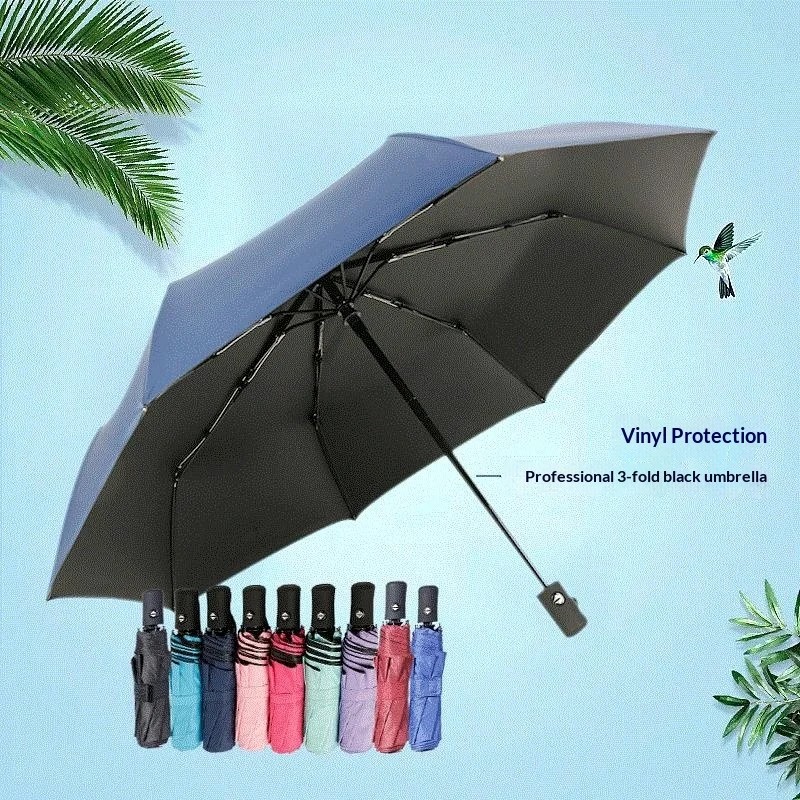 8 Ribs 3-folding Fully Automatic Custom logo Wholesale Extra-large Windproof Folding Black-coated Sun protection Umbrella