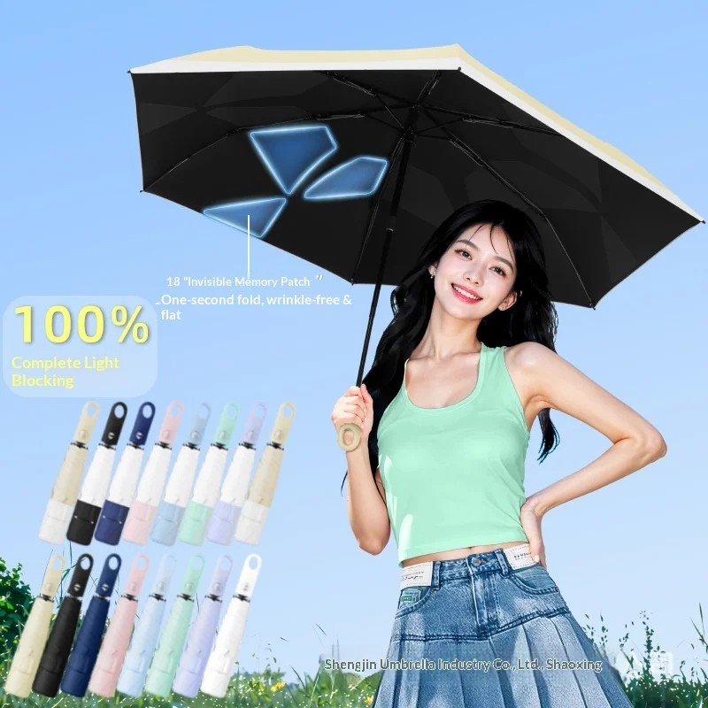 Ultra-light Fully Automatic Three-fold Folding Buckle Easy-to-Fold 6 Ribs Minimalist Design Black Glue Patch UV Umbrella