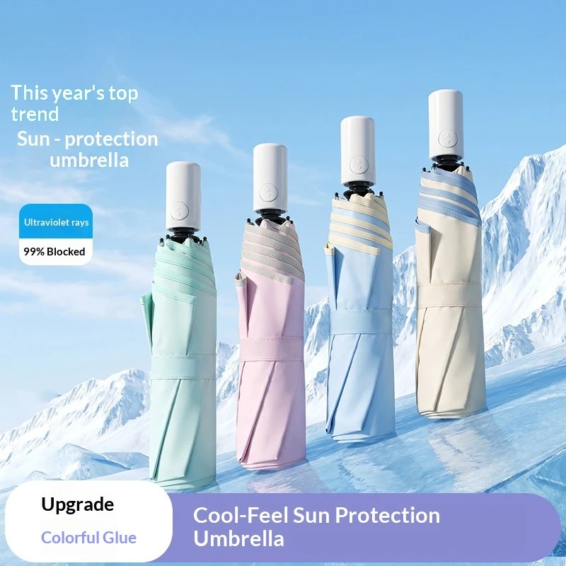 Outdoor Colored Rubber-coated Ice-feel Sunscreen Automatic Umbrella UV protection UPF>50 Foldable Supports logo Printing Stock