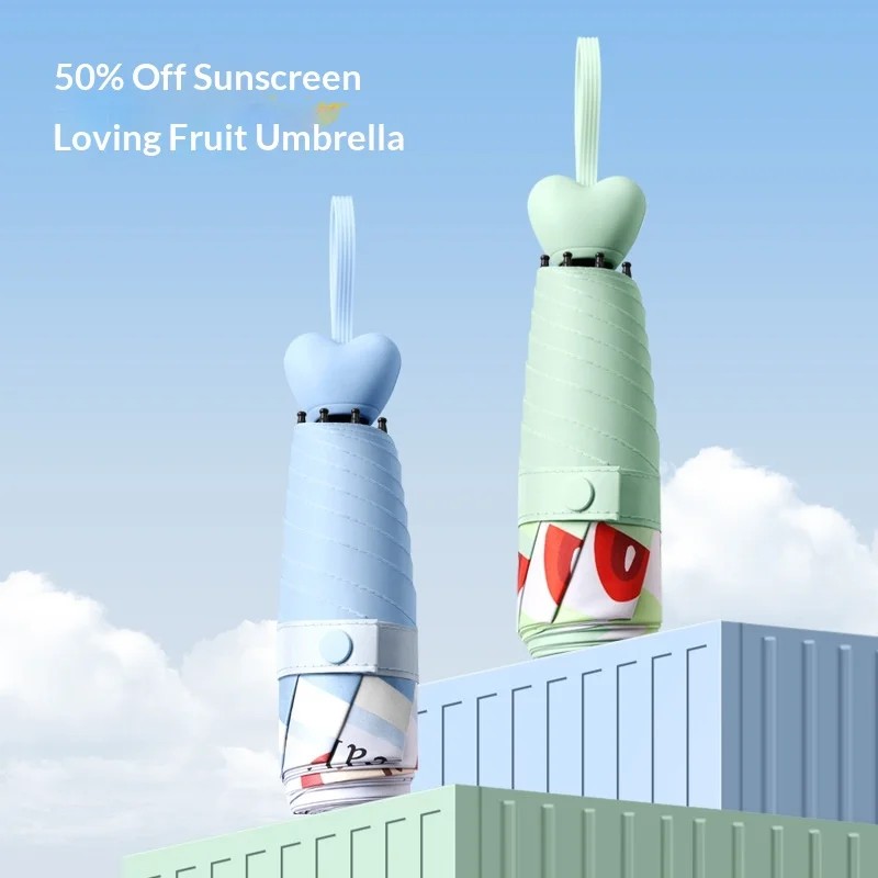 Women's Manual Sun Umbrella with Heart-Shaped Handle UV Protection Mini Design for Sunny & Rainy Use