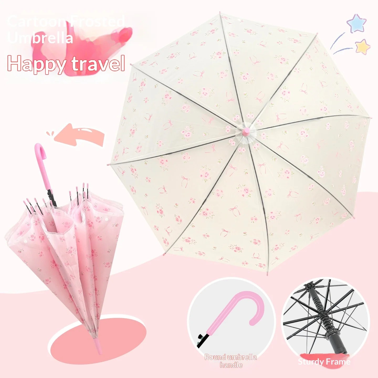 Children's Frosted Transparent Fiber Umbrella Plastic Handle Manual Long-handled 8 Ribs Cute Style for Elementary School Girls