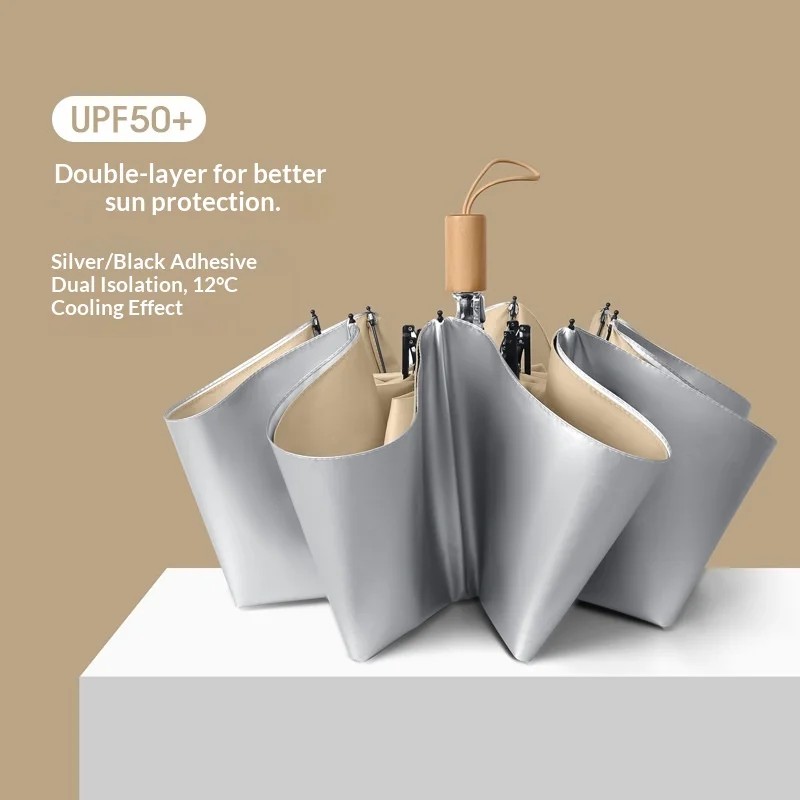 Silver Double-layer Umbrella with 8 Ribs Manual Opening Modern Design Foldable Dual-use Rain/sun Unisex UPF50+ Sun protection