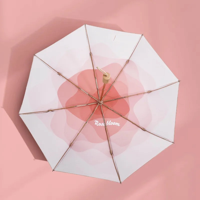 New 3 Fold Gold Coated Manual Sunscreen Umbrella Wholesale UV Protection Dual Use Sun Rain Umbrella Solid Wood Handle