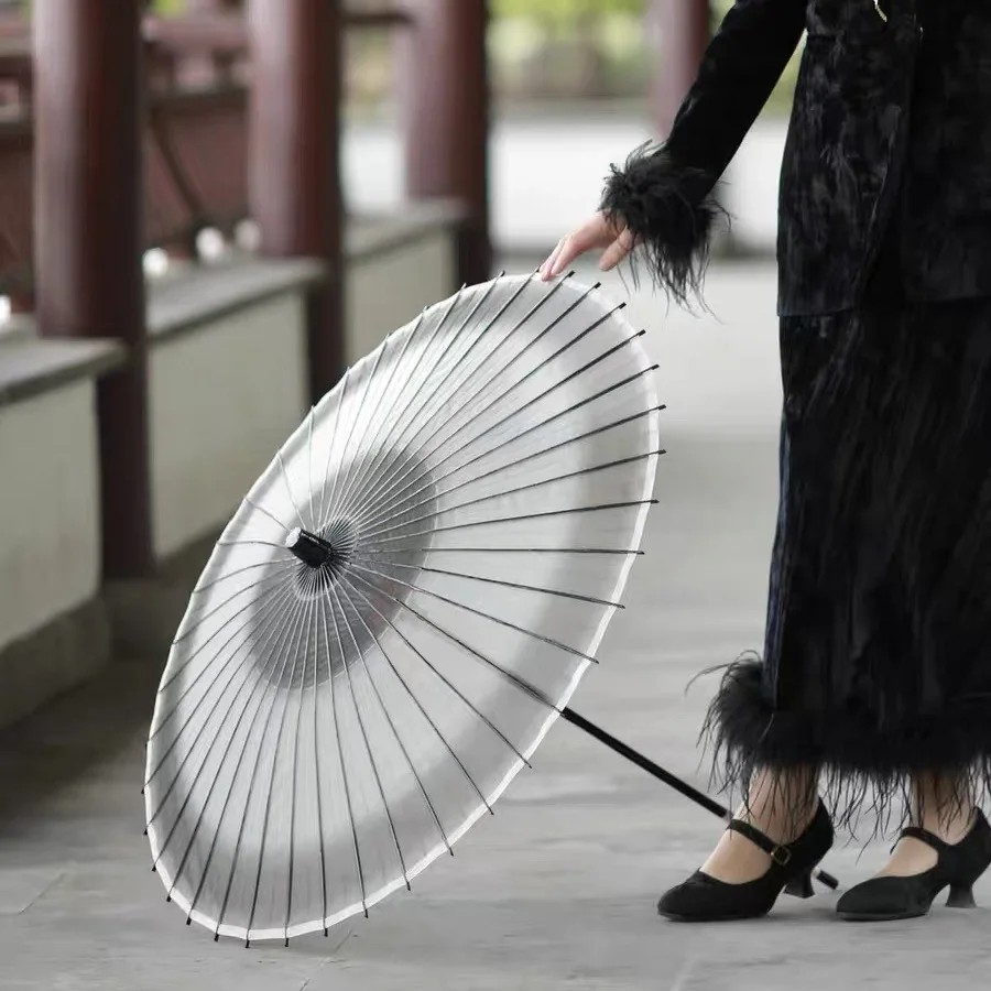 Chinese Style Ink Painting Ancient Style Long Handle Silk Photography Classical Ancient Costume Photos Gradient Dance Umbrella