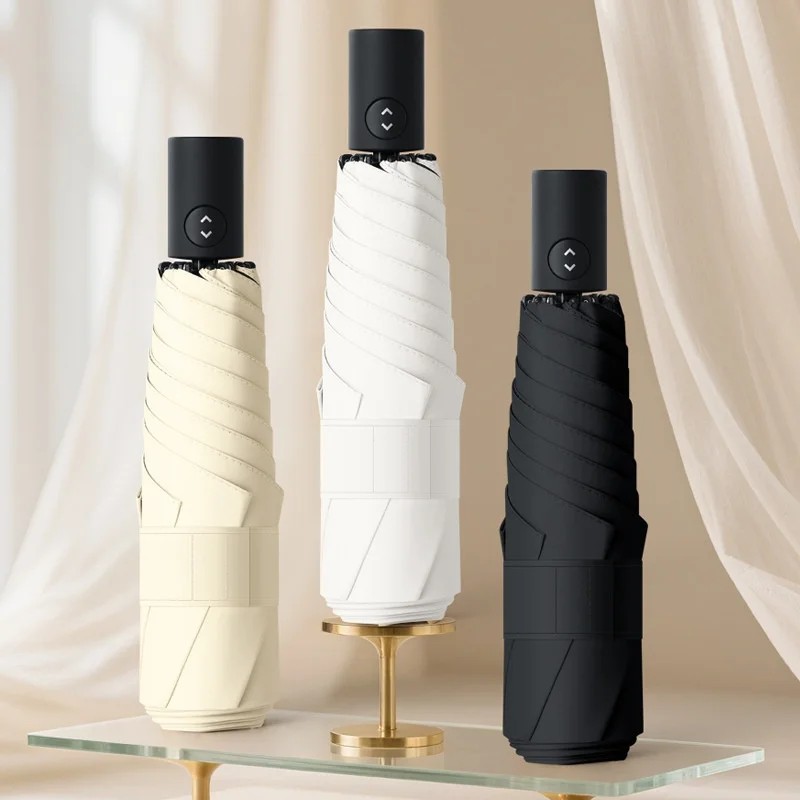 Three-fold Memory Cloth Automatic Opening 6 Ribs Black Sunscreen UV-Proof Rainproof Dual-use Safe Step-by-step Umbrella