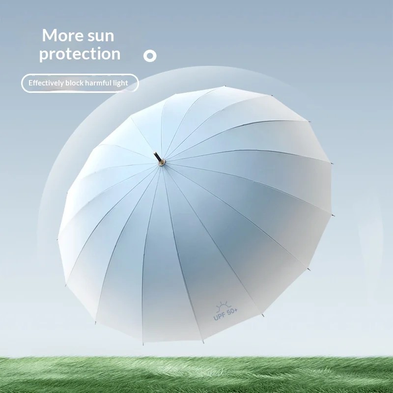 16 Bone Gradient Black Coated Semi Automatic Modern Simple Straight Umbrella Sun protection UV protection Long Handled Dual Use
