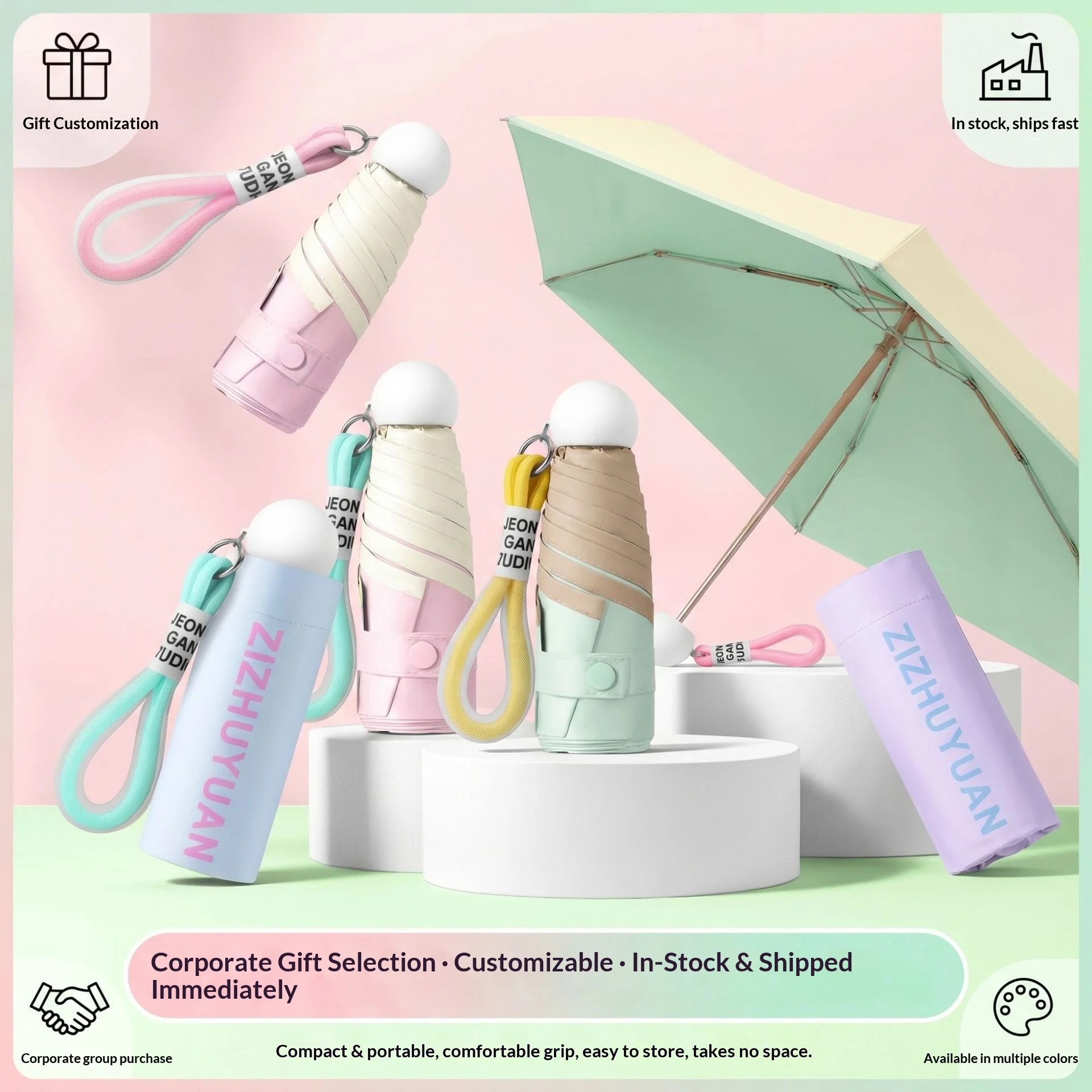 Five-folding Colorful Six-rib Capsule Umbrella Contrasting Colors Sun protection UV protection Fresh Stylish Japanese Style