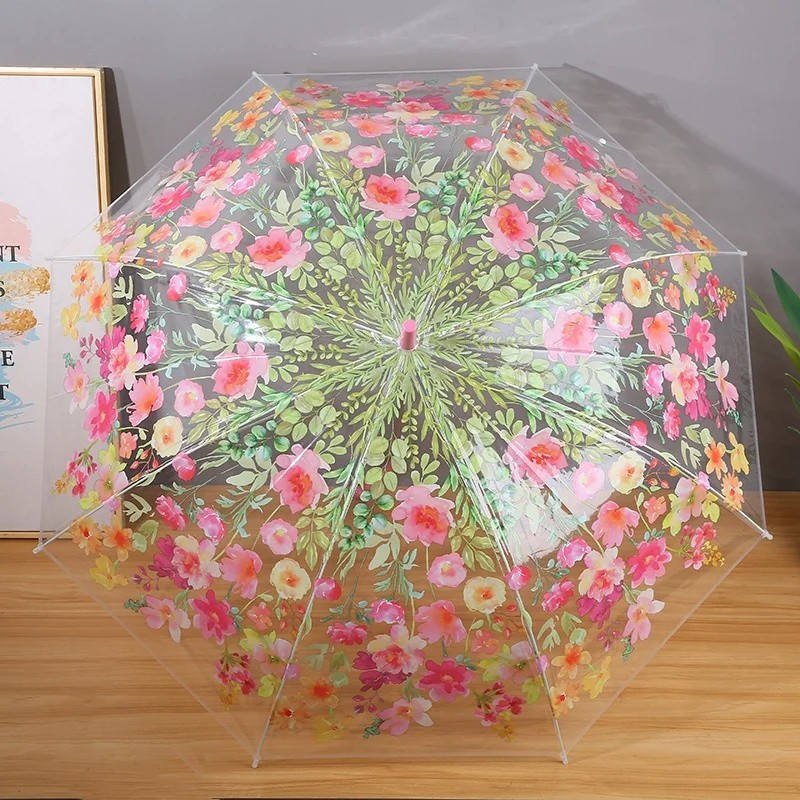 New Transparent Large Floral Pattern Fresh Stylish Automatic 8 Ribs Long handled Advertising Umbrella Customizable logo