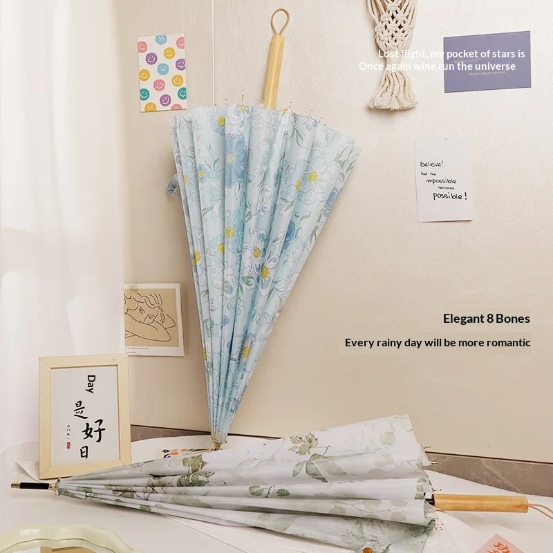 New Chinese Style 16 Bone Automatic Straight Umbrella Windproof UV Resistant Rainproof Small Curved Solid Wood Handle Collision