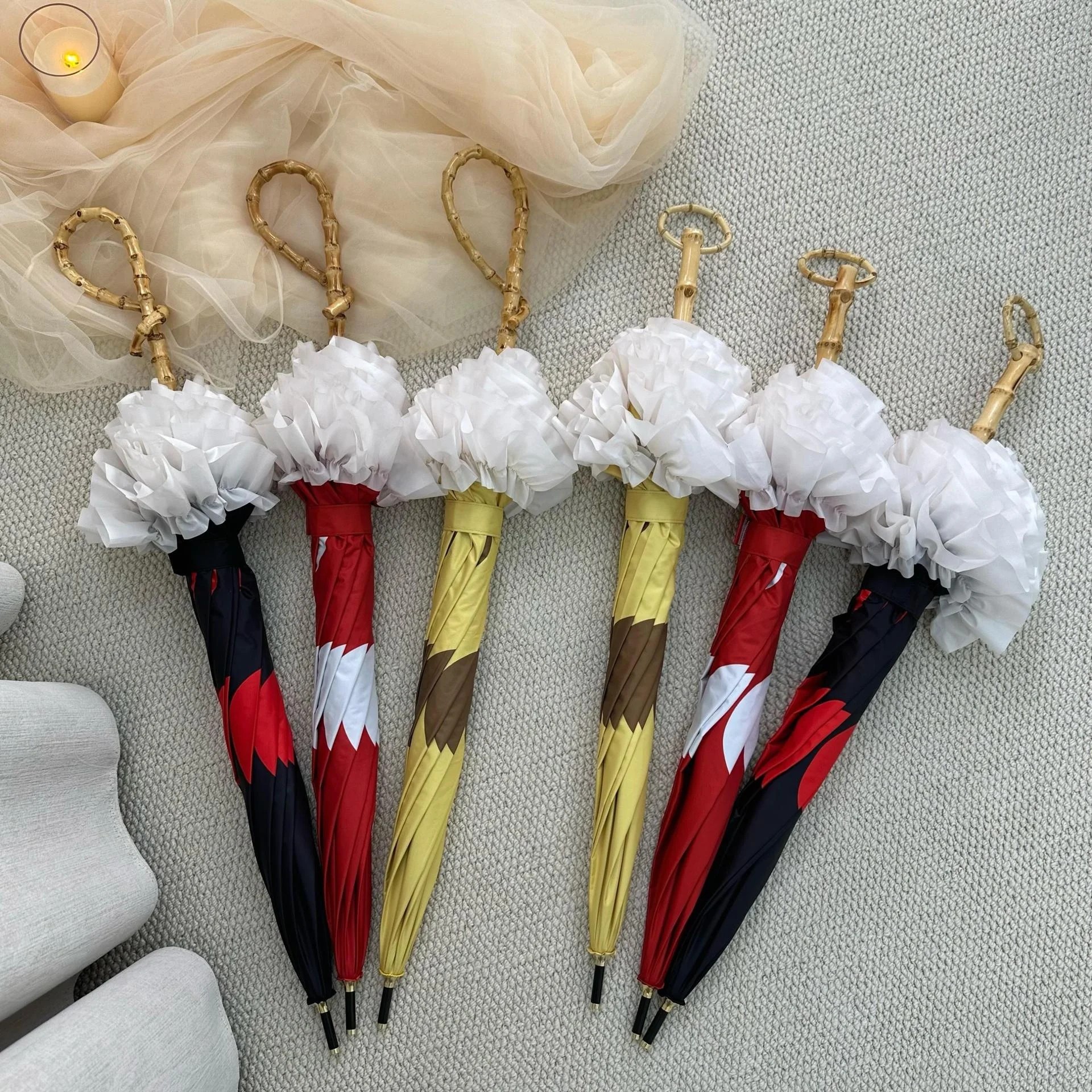 Japanese-style Lace Princess Umbrella Bamboo Curved Handle UV Protection UPF 50+ Manual Straight Umbrella Wholesale Adult Resort