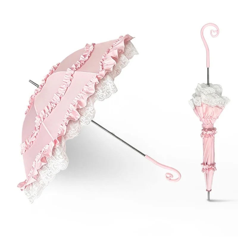 Lolita Lace Princess Umbrella with Straight Rod Long Handle UV Protection Semi Automatic Opening for Wedding Sun & Rain Use