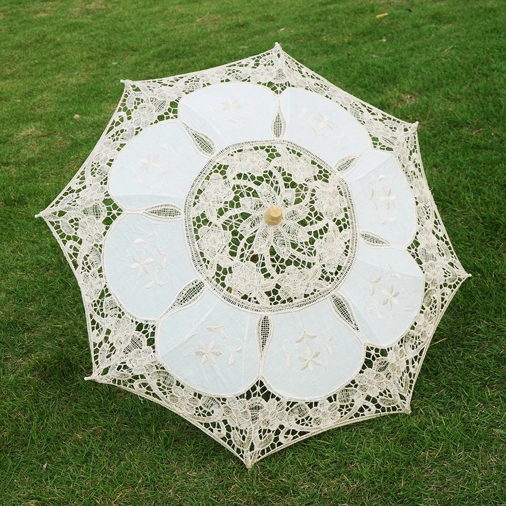 Lace Umbrella White Wooden Handle Dance Craft Umbrella Performance Photography Embroidered Edge Cotton Fabric French Style
