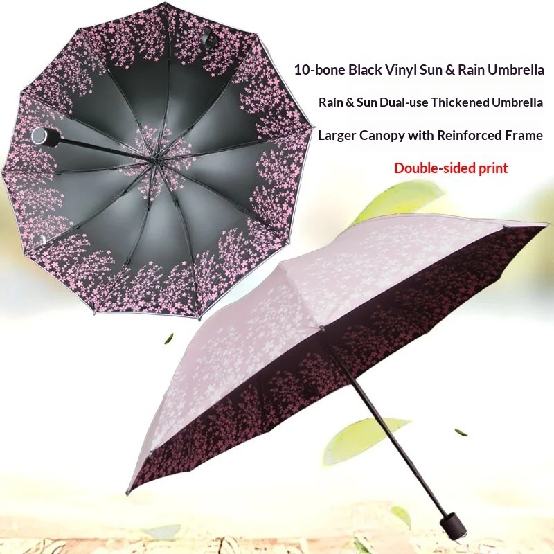 Wholesale Dual-Use Black-Coated Steel Ribs Collision Cloth Sun Protection Umbrella 10 Ribs Three-folding Foldable Enlarged