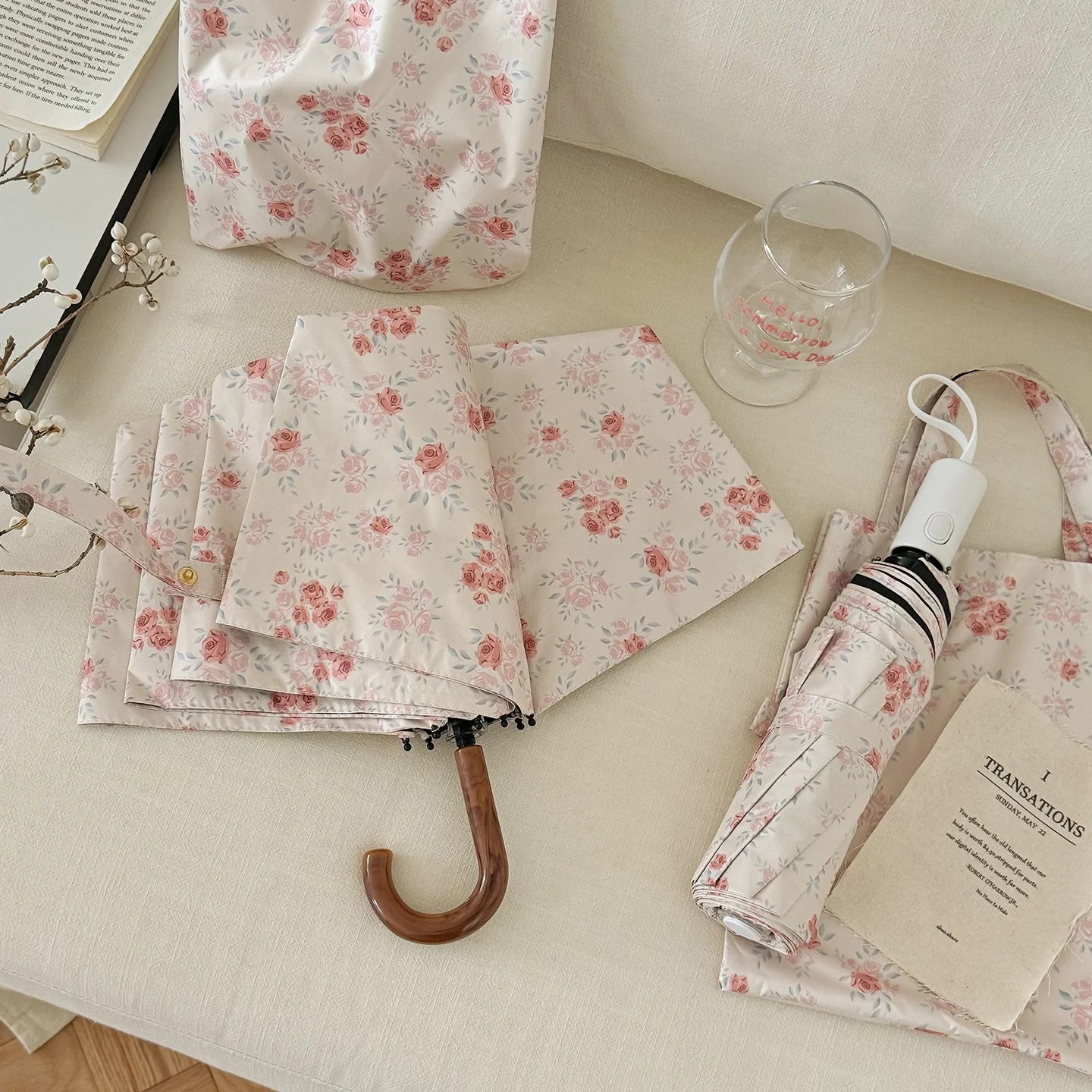 New Style Elegant Vintage Small Pink Flower Curved Handle Women's Sun Rain Dual Use 8 Ribs Black Glue Anti UV Sunscreen Umbrella