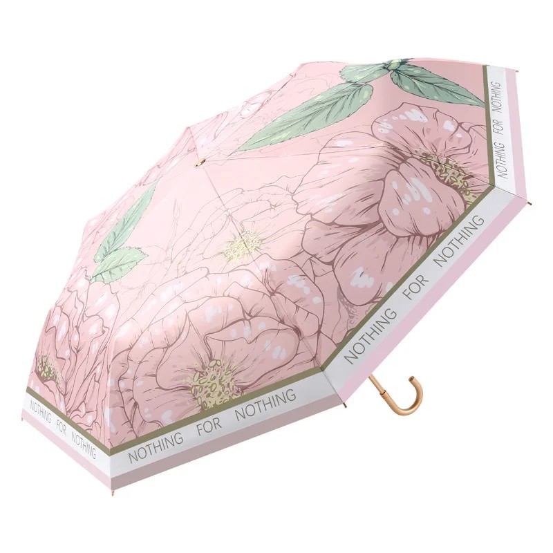 New Model Curved Handle Manual 3 Fold Umbrella Dual Purpose Sun Rain Women's Gold Coated Minimalist Peach Blossom Print Umbrella
