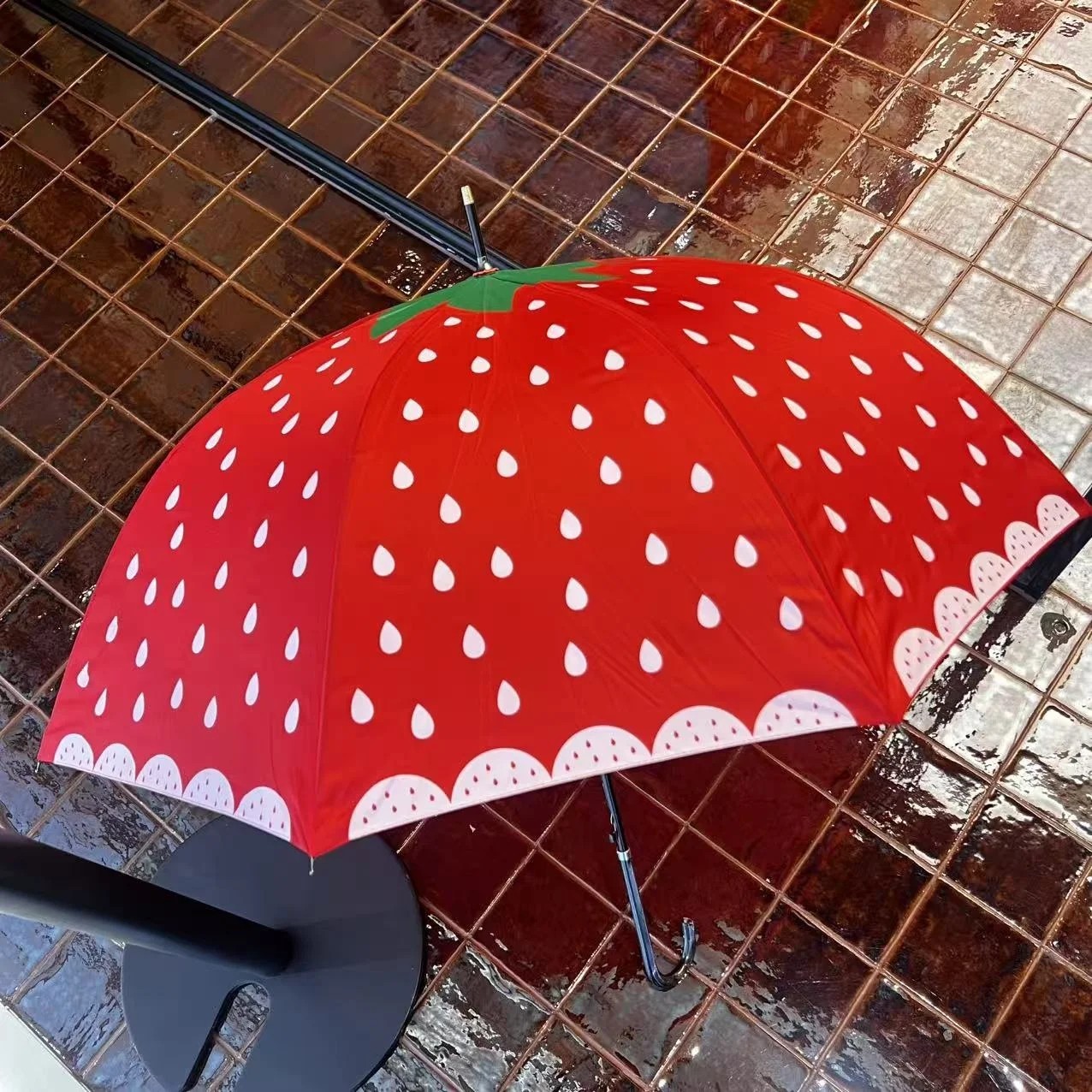 Old Fashioned Strawberry Cute Automatic Long Handle Straight Rod Umbrella Polka Dot Pattern UV Protection Carbon Fiber Aluminum