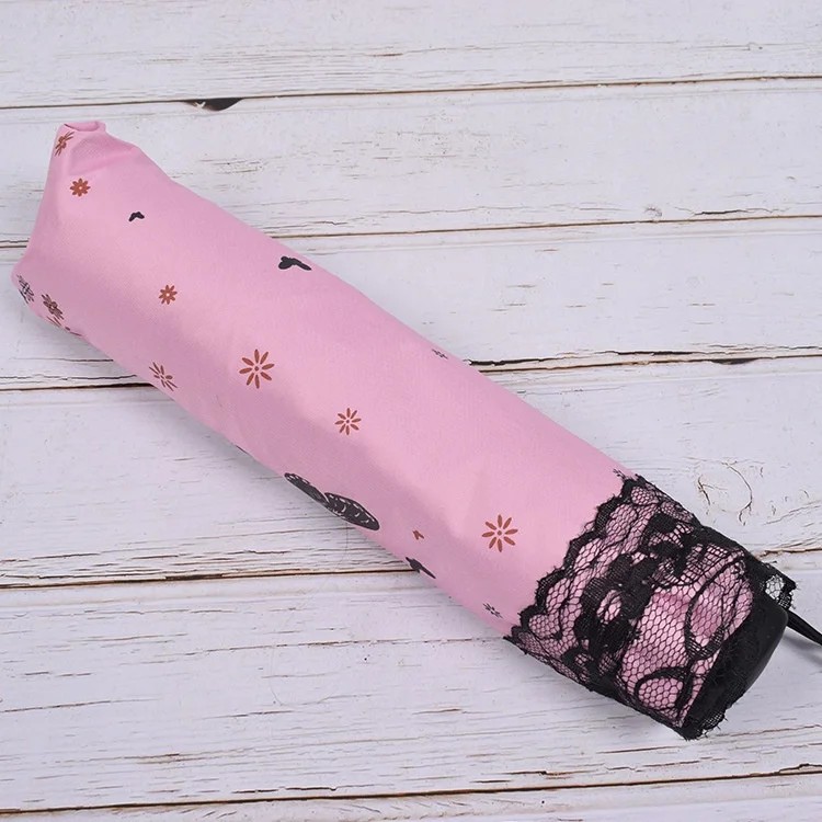 Butterfly Lace Print Casual Sunshade Umbrella for Sunny Rainy 3 Fold Windproof Sun Protection Black Coated Direct Manufacturer