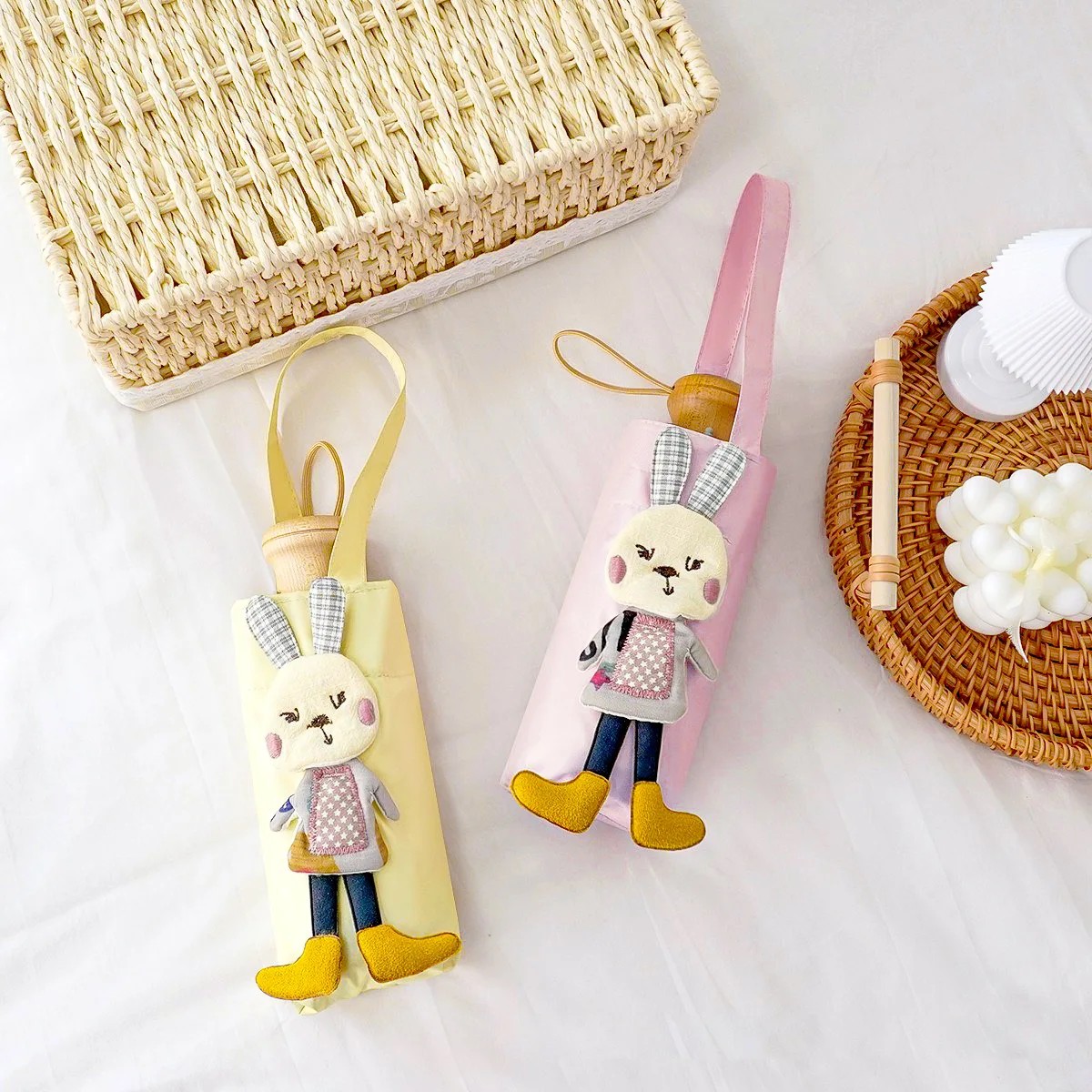 Japanese Style Cute Cartoon Doll Rabbit Alloy Solid Wood Sun Umbrella Women's UV Proof Small Handbag Portable Five Fold Sunshade