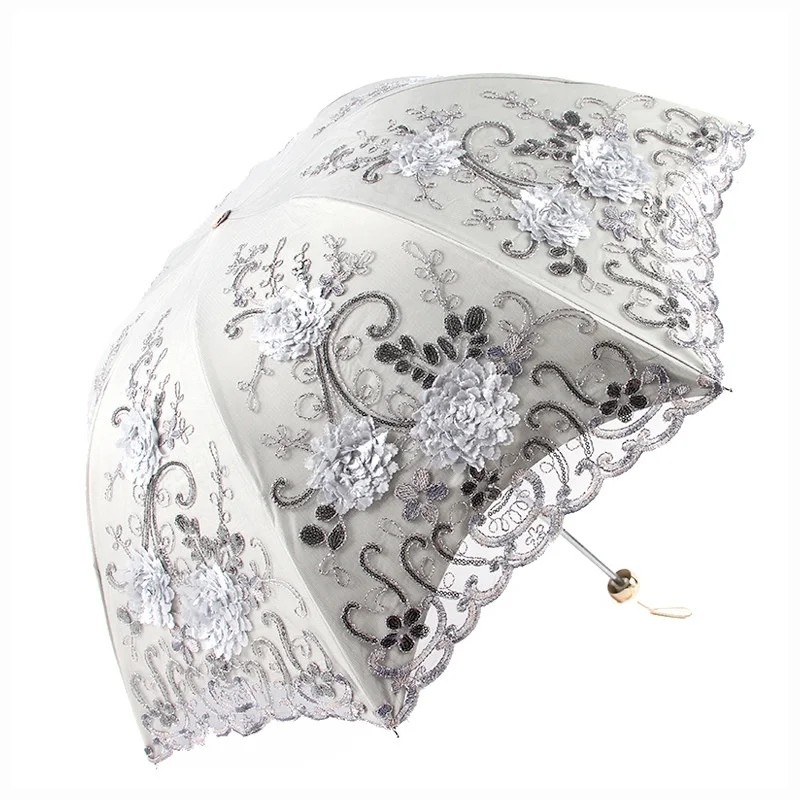 New Folding Umbrella Embroidered Lace Double Layer Black Rubber Three Fold Iron Ribs 8 Ribs UV Protection Sun Rain Umbrella
