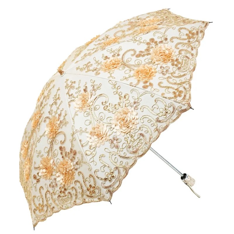 Two Fold Lace Embroidered Sequin Double Layer Manual 8 Ribs Anti UV Black All Weather High End Sun Umbrella