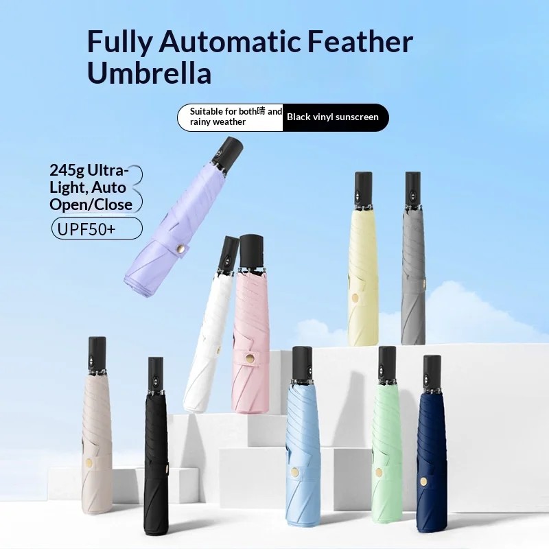 Fully Automatic Ultra-Light Flat Three-Folding Feather Style 6 Ribs Foldable Sun Protection Portable Black Coating Gift Umbrella