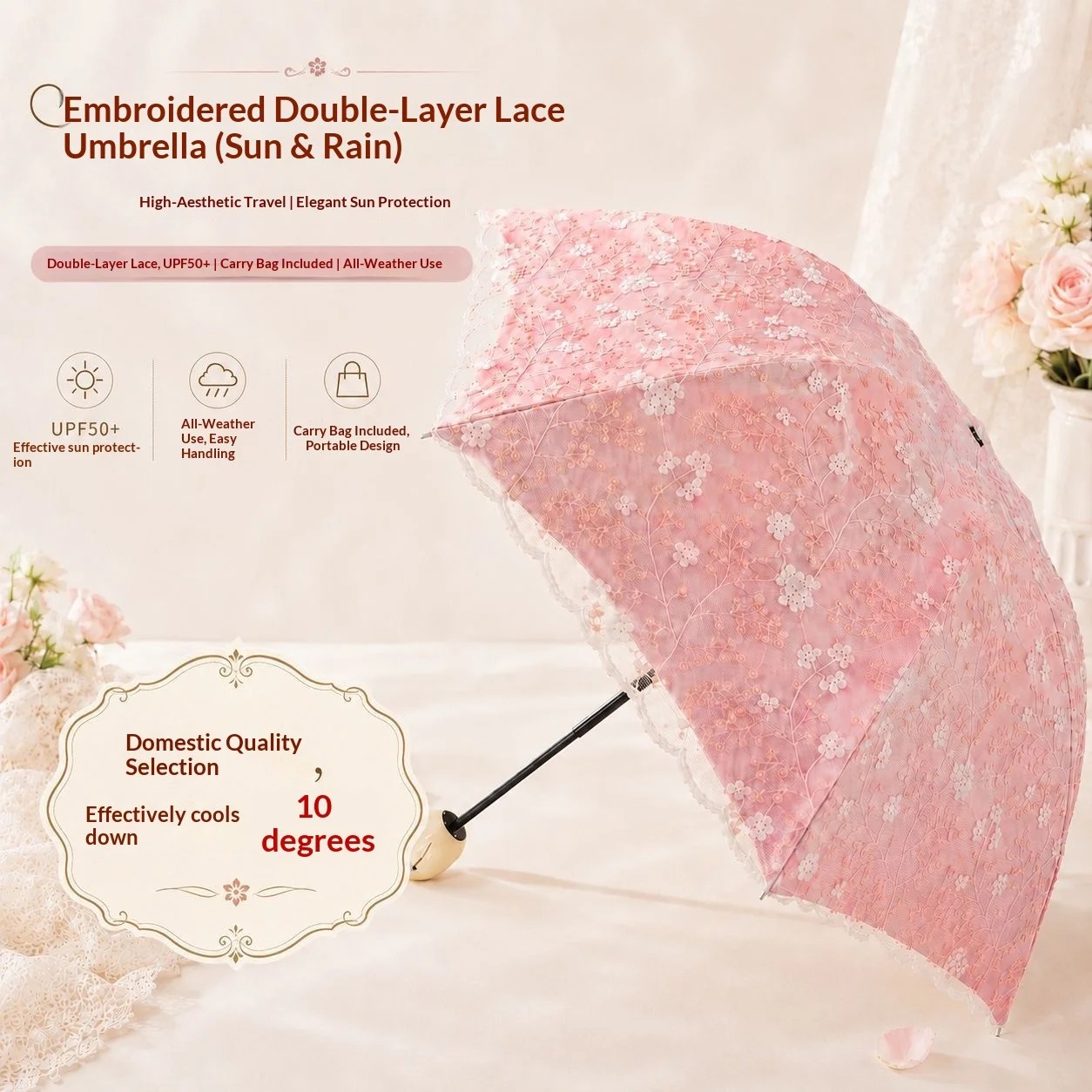 Embroidered Lace Manual Sun Umbrella UV Protection Women's Double-Layer Sunshade Princess Style Rain or Shine