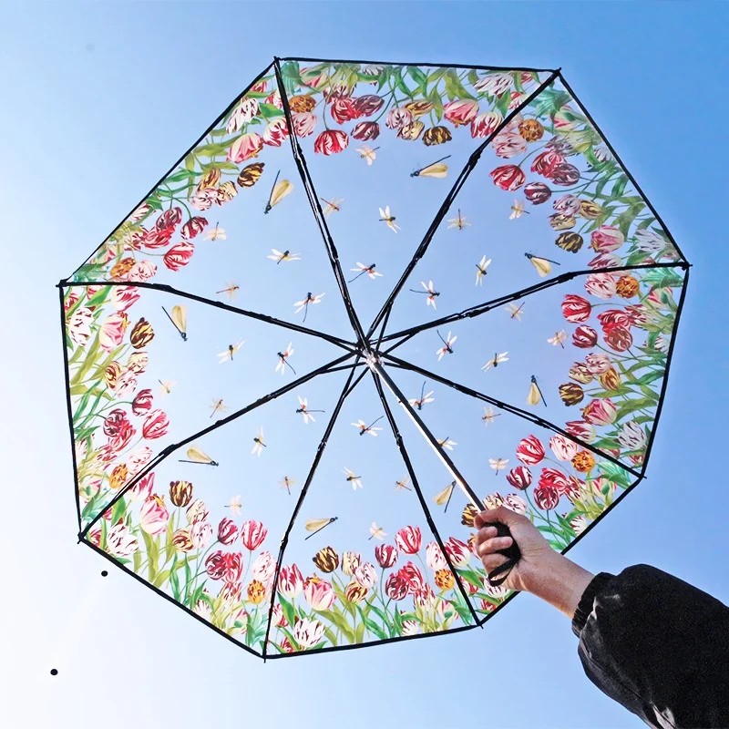 Small Fresh Semi-automatic Cartoon Three-Fold Transparent PVC Alloy Ribs Umbrella Couple Student Creative Holiday Gift Sunny