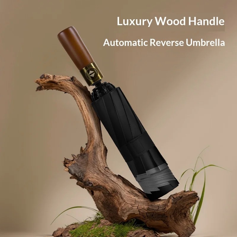 Automatic Three-fold Reverse Umbrella Men's Business Reflective Folding UV Protection Solid Wood Handle Logo Printing Business