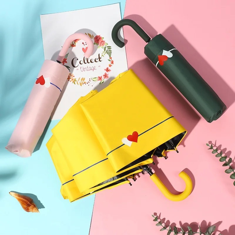Japanese Style Dual Use Heart Print Sunscreen Folding Umbrella for Women Compact Portable for Sunny Rainy Days 8 Ribs UV