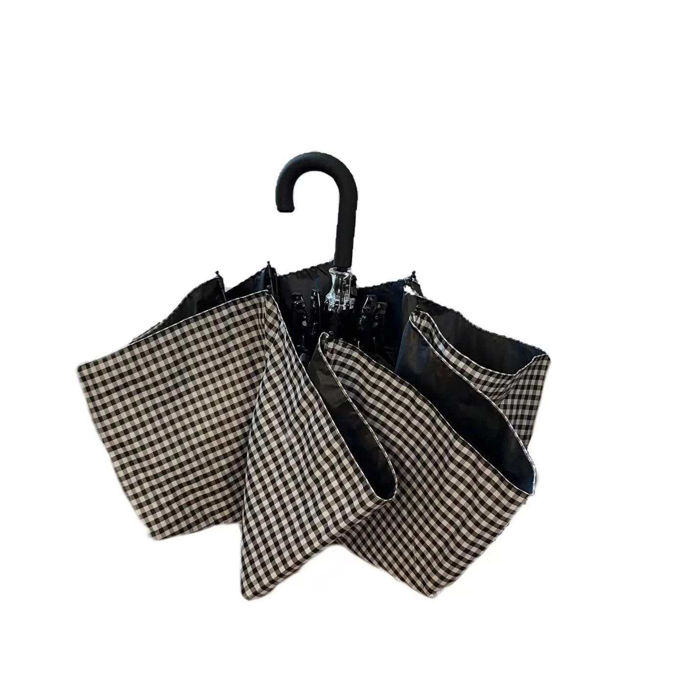 Korean Style High End Black White Plaid Vinyl UV Protection Portable Sunny Rainy Dual Use Students' Foldable Sun Umbrella