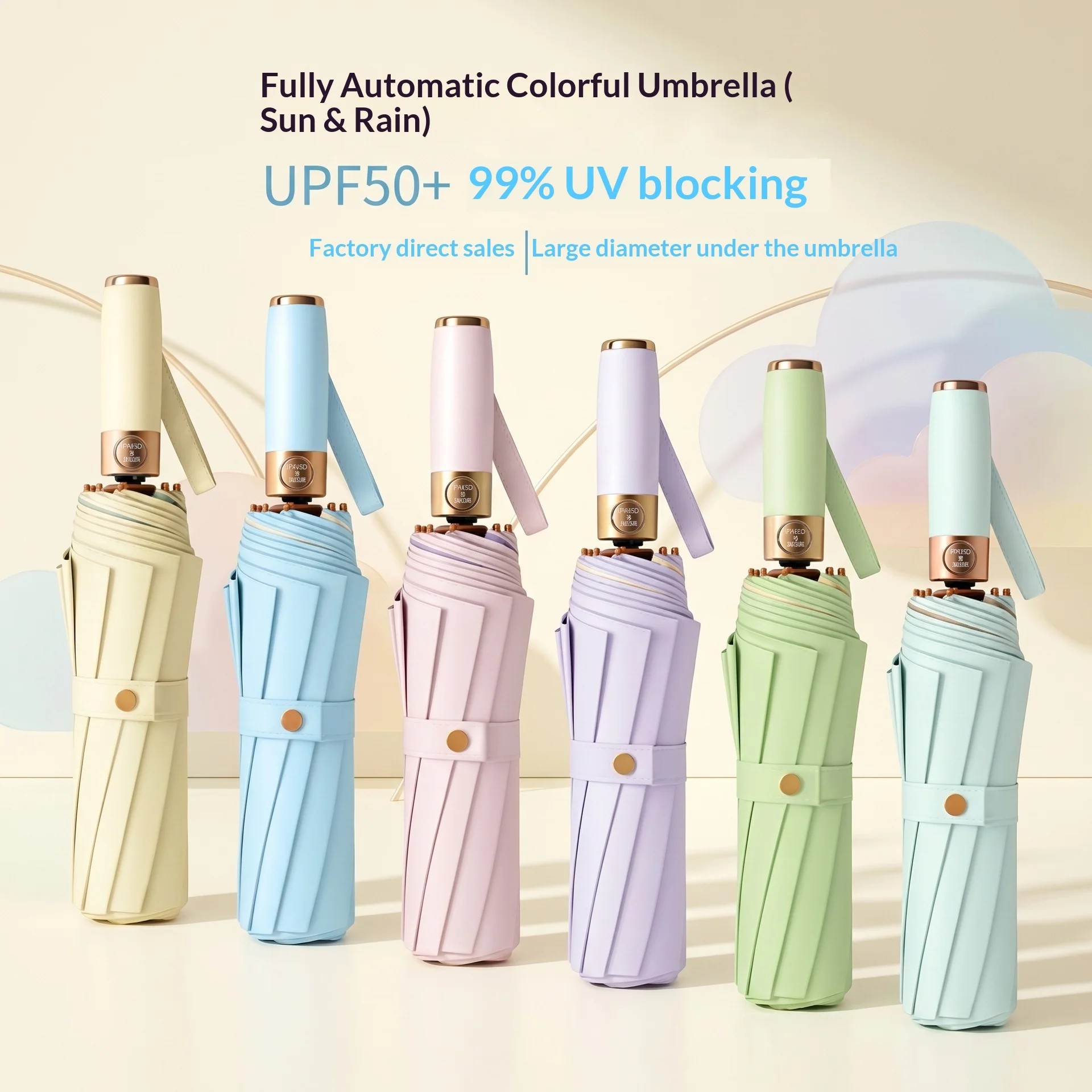 Full-automatic 60-bone Color Glue Folding Umbrella UV-resistant Alloy Rubber Handle Sunny Rainy Days High-end Feel Wholesale