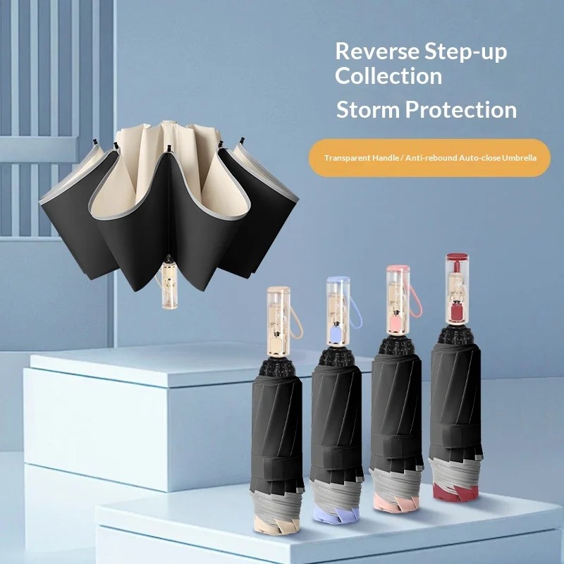 Fully Automatic Safety Anti-rebound Reverse Joint Black Glue Sunshade Umbrella UV protection 10 Ribs Rubber Handle Customizable