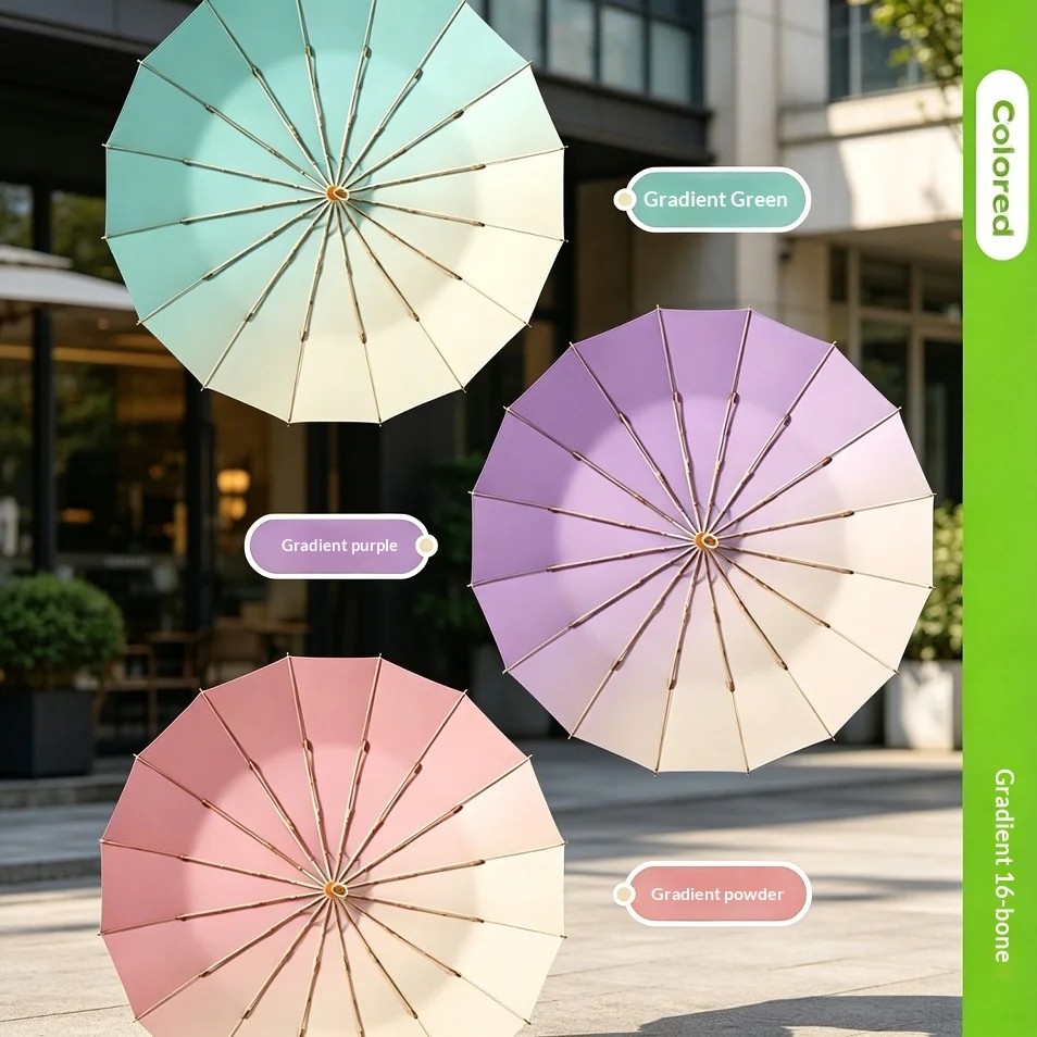 Three-fold 16-rib Manual Foldable Gradient Color Rubber Fabric Small Fresh Sunny Rainy Umbrella Custom LOGO Advertising Drop