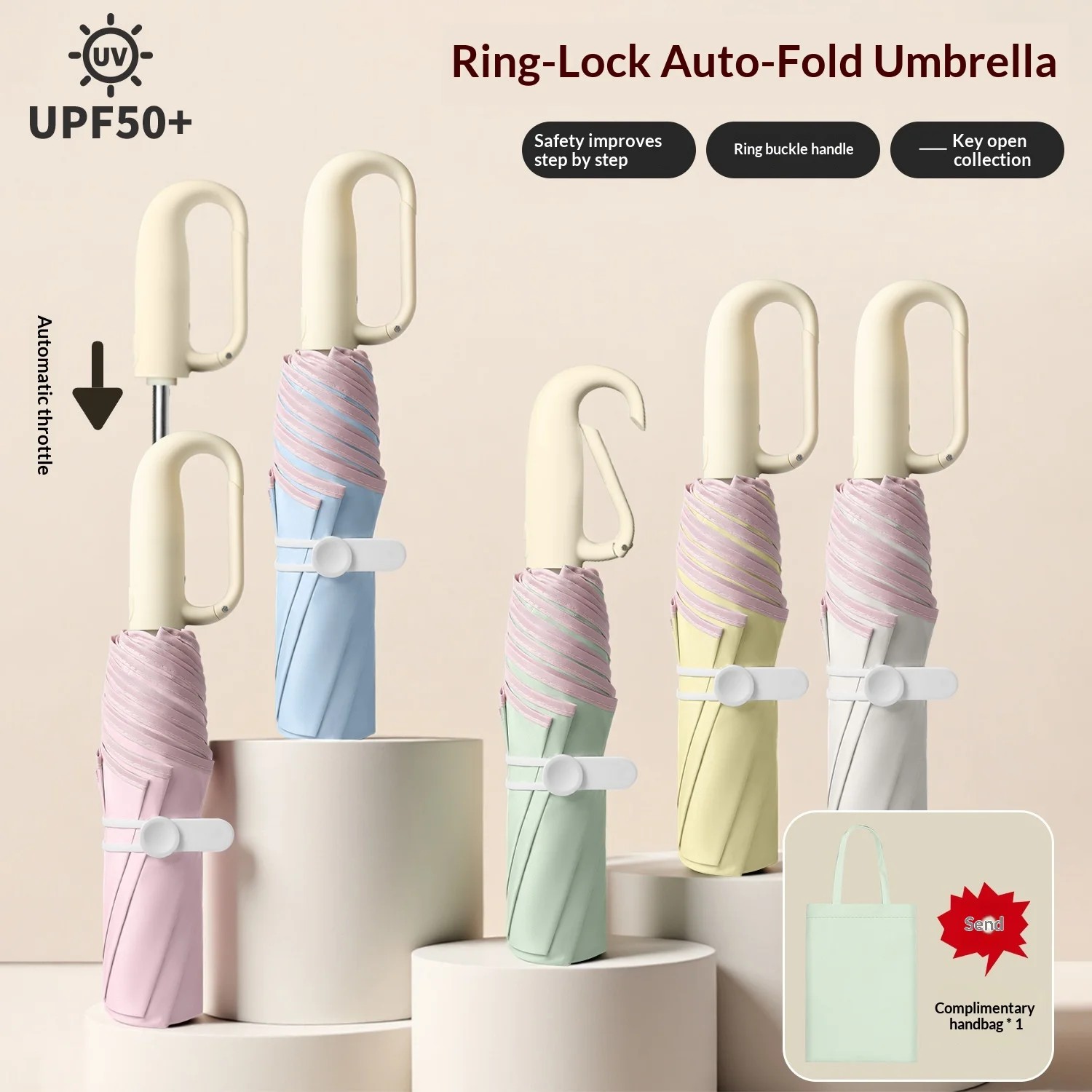 Three-folding Automatic Opening Manual Ring Buckle 8-rib Collision Cloth Rounded Corner Safety Fresh Colorful Sunscreen Umbrella