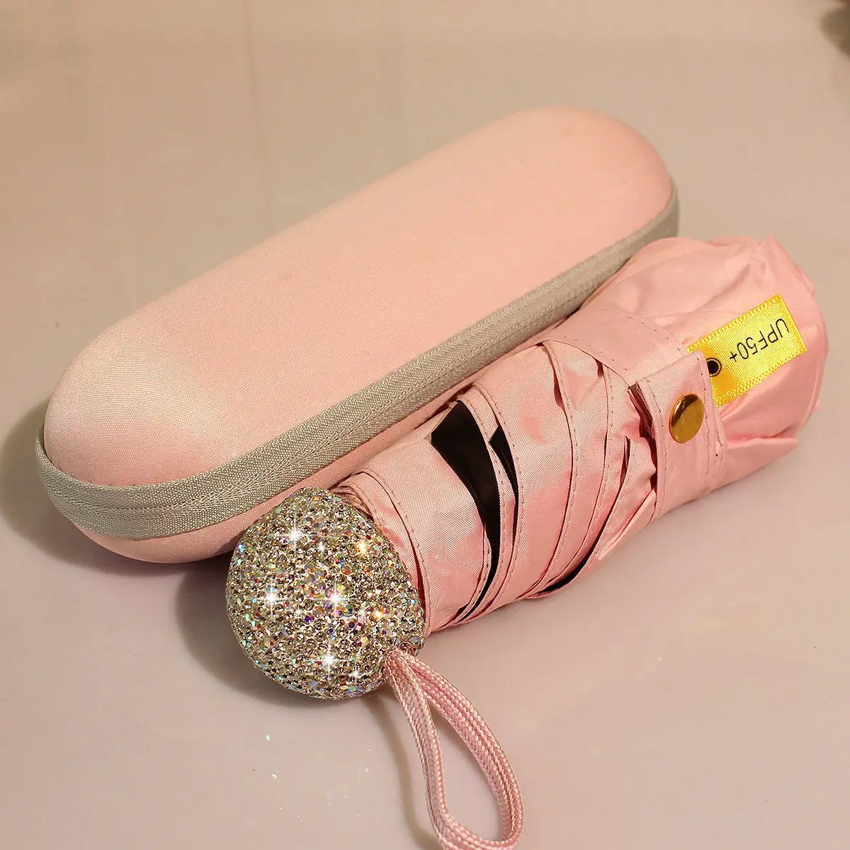 Luxurious Diamond Studded Dual Use Sun Umbrella Portable Lightweight Folding Umbrella Mini UV Protection Sunshade for Students