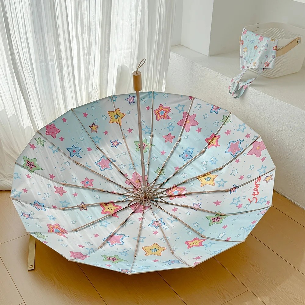 16-rib Vintage Manual Folding Umbrella Solid Wood Handle Extra Large UV-proof Sunscreen for Female Students for Sunny Rainy Days