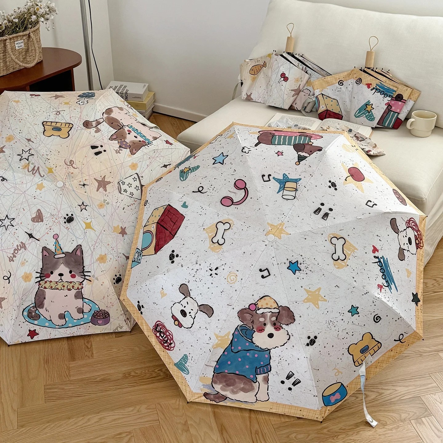 Cute Cartoon Graffiti 8 Ribs Folding Umbrella Student Sunny Rainy Dual-use Automatic Sunscreen Anti-UV Parasol