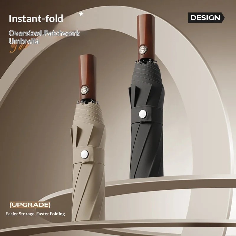 Free Folding Automatic Umbrella Memory Patch Windproof Extra-large 8 Ribs Solid Wood Handle Folding Support Wholesale