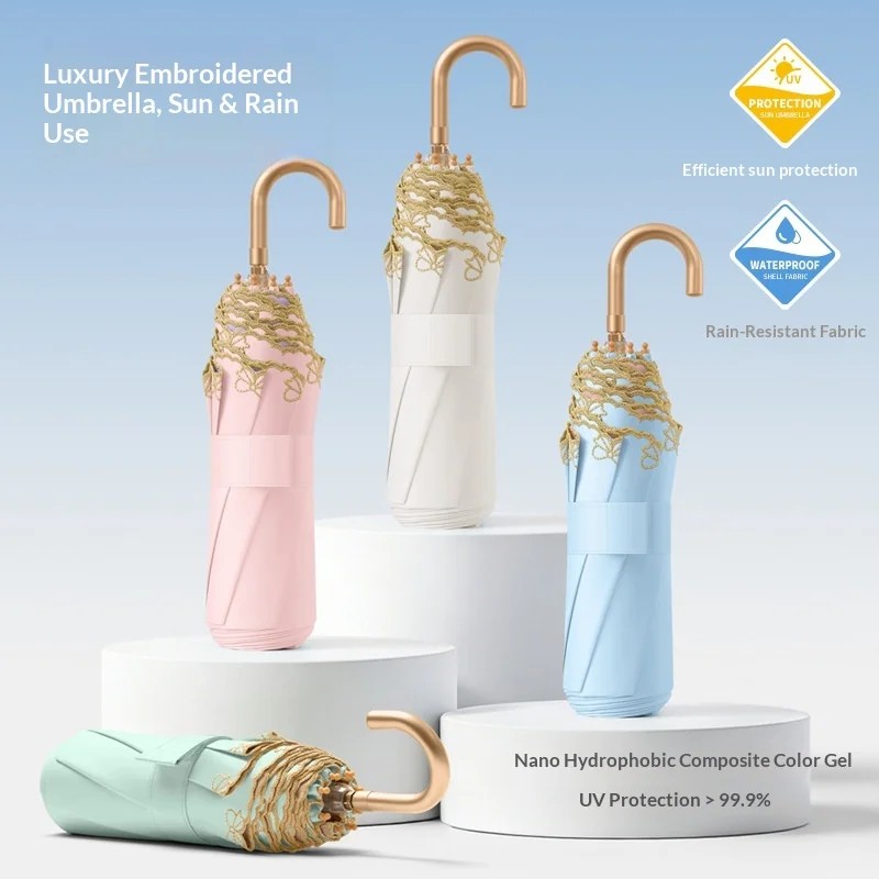 70% Gold Curved Hook Embroidered Lace Manual 8 Ribs High-End Light Luxury Sun Umbrella Fresh Floral Pattern Creative Sunshade