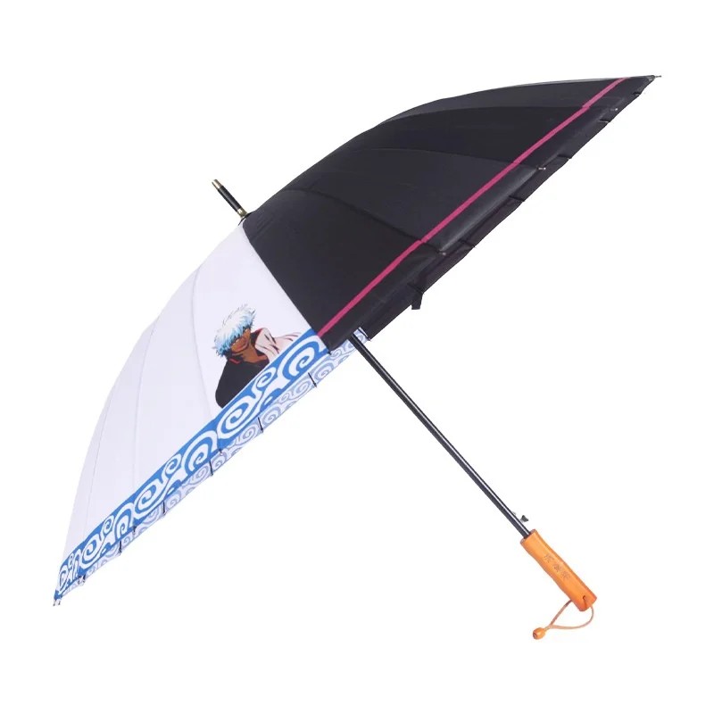 Stock Wholesale New 24 Rib Anime Gintama Cartoon Samurai Long Handled Sun Rain Umbrella Manual Windproof Solid Wood Handle